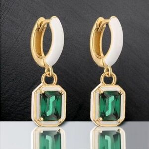 18k Gold Plated Emerald Crystal White Drip Enamel Earrings